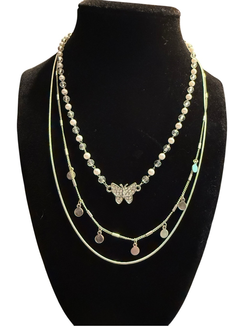 Layered Silver Butterfly Pendant Necklace Trio